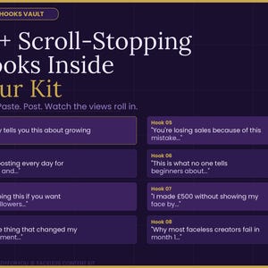 K&ouml;nnte beinhalten: Ein digitales Marketing-Kit mit dem Text "40+ Scroll-Stopping Hooks Inside Your Kit". Das Bild zeigt einen dunkelvioletten Hintergrund mit goldenen Akzenten und Textfeldern mit Marketing-Hooks. Das Kit verspricht, Nutzern beim Online-Wachstum zu helfen.