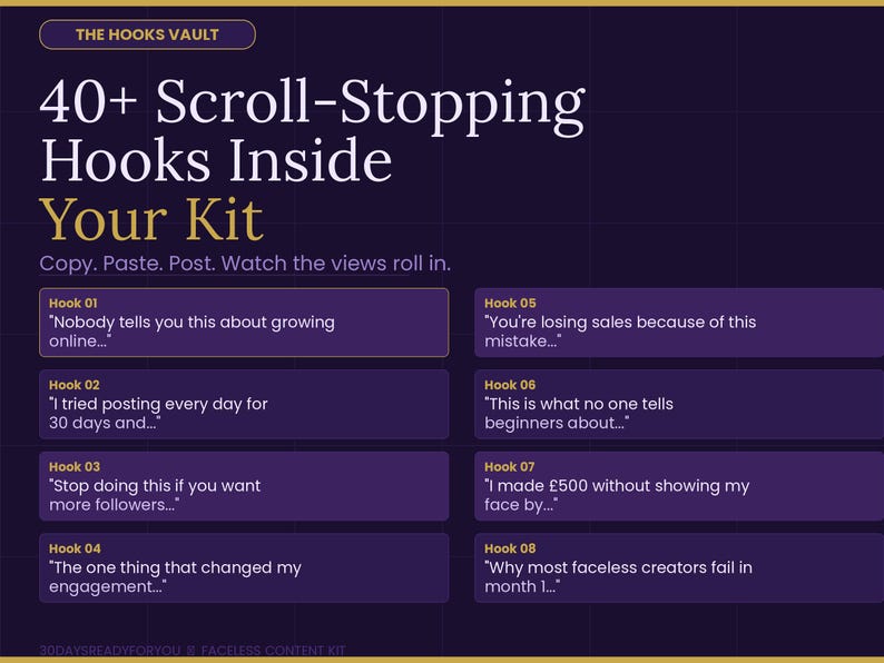 K&ouml;nnte beinhalten: Ein digitales Marketing-Kit mit dem Text "40+ Scroll-Stopping Hooks Inside Your Kit". Das Bild zeigt einen dunkelvioletten Hintergrund mit goldenen Akzenten und Textfeldern mit Marketing-Hooks. Das Kit verspricht, Nutzern beim Online-Wachstum zu helfen.
