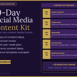 K&ouml;nnte beinhalten: Ein digitales Content-Kit f&uuml;r Social Media mit dunkelviolettem Hintergrund und wei&szlig;em und goldenem Text. Das Kit enth&auml;lt 30 Tage Content-Ideen, &uuml;ber 40 Hooks und einen 3-Beitr&auml;ge-pro-Woche-Plan. Vorschau der Content-Ideen.