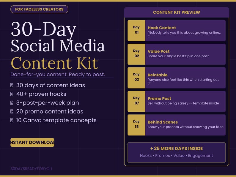 K&ouml;nnte beinhalten: Ein digitales Content-Kit f&uuml;r Social Media mit dunkelviolettem Hintergrund und wei&szlig;em und goldenem Text. Das Kit enth&auml;lt 30 Tage Content-Ideen, &uuml;ber 40 Hooks und einen 3-Beitr&auml;ge-pro-Woche-Plan. Vorschau der Content-Ideen.