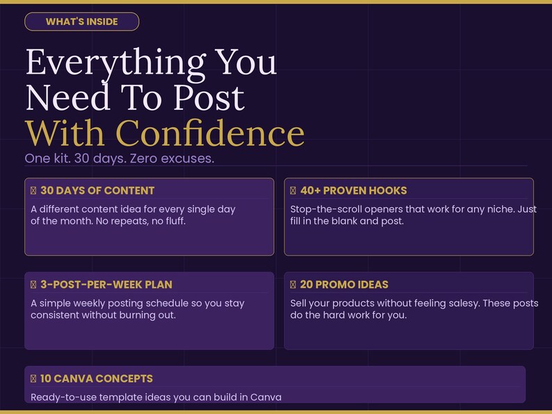 K&ouml;nnte beinhalten: Dunkelviolette Grafik mit goldenem Text "Everything You Need To Post With Confidence". Das Bild zeigt violette K&auml;stchen mit wei&szlig;em Text, die Inhaltsideen, Hooks, einen Posting-Plan, Promo-Ideen und Canva-Konzepte detailliert beschreiben.