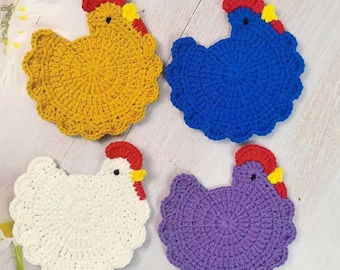 Posavasos de pollo de ganchillo hechos a mano, juego de 4, con temática de animales de peluche.