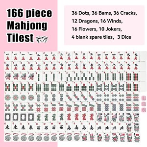 May include: A complete 166-piece Mahjong tile set. The tiles are white with red and green markings, including numbers, characters, and symbols. The set includes dice and spare tiles. The text on the image reads "166 piece Mahjong Tiles".