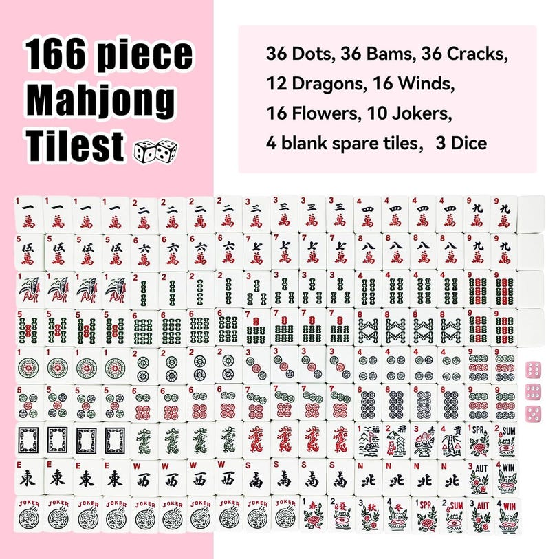 May include: A complete 166-piece Mahjong tile set. The tiles are white with red and green markings, including numbers, characters, and symbols. The set includes dice and spare tiles. The text on the image reads "166 piece Mahjong Tiles".