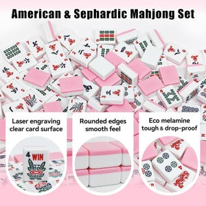 May include: A set of American & Sephardic Mahjong tiles. The tiles are white with pink accents and feature engraved symbols and numbers. The set includes tiles with rounded edges and a clear card surface. The text "American & Sephardic Mahjong Set" is at the top.