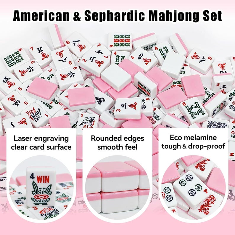 May include: A set of American & Sephardic Mahjong tiles. The tiles are white with pink accents and feature engraved symbols and numbers. The set includes tiles with rounded edges and a clear card surface. The text "American & Sephardic Mahjong Set" is at the top.