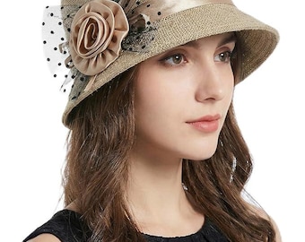 Sombrero Fedora de ala ancha para mujer: estilo vintage de los años 20 con decoración floral para bodas.