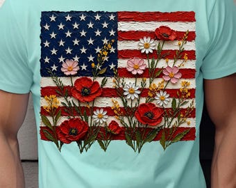 Bandera estadounidense floral PNG: Diseño patriótico de flores silvestres para sublimación (descarga digital)