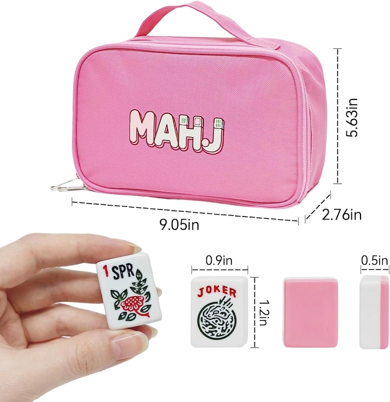 May include: Pink Mahjong set with a matching carrying case. The case measures 9.05 inches long, 5.63 inches high, and 2.76 inches wide. The set includes tiles with the text "MAHJ", "1 SPR", and "JOKER".