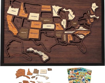 Mapa de viajes de EE. UU. - Regalo de jubilación para viajeros - Lista de deseos con mapa de los 50 estados - Mapa de rompecabezas de madera - Rastreador de viajes - Aventuras en autocaravana