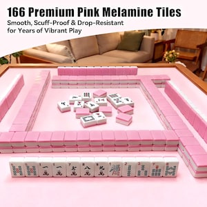 May include: A set of 166 pink and white melamine tiles arranged on a pink surface. The tiles are for a game, with text that reads "166 Premium Pink Melamine Tiles". The tiles are smooth, scuff-proof, and drop-resistant.