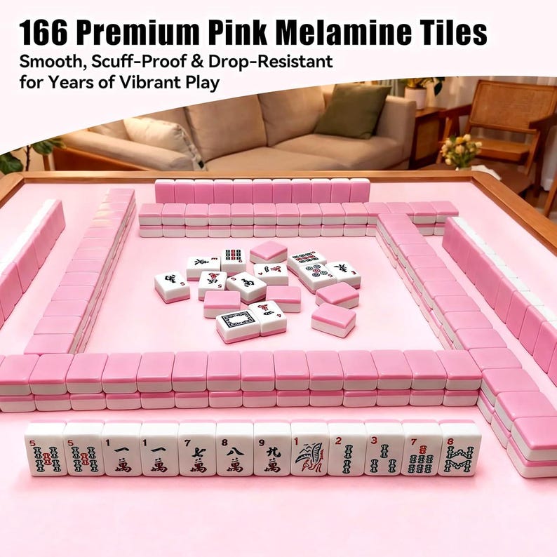 May include: A set of 166 pink and white melamine tiles arranged on a pink surface. The tiles are for a game, with text that reads "166 Premium Pink Melamine Tiles". The tiles are smooth, scuff-proof, and drop-resistant.