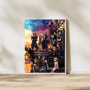 May include: A framed print featuring a group of animated characters standing on a rooftop against a colorful sunset and starry sky. The characters are in various poses, with detailed clothing and expressions. The artwork is displayed on a wooden floor.