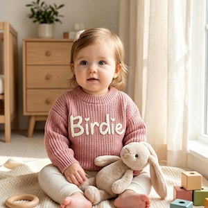 Può includere: Un bambino indossa un maglione rosa antico con il nome "Birdie" ricamato in bianco. Il bambino tiene in mano un coniglietto di peluche. Lo sfondo include un comò in legno e una finestra.