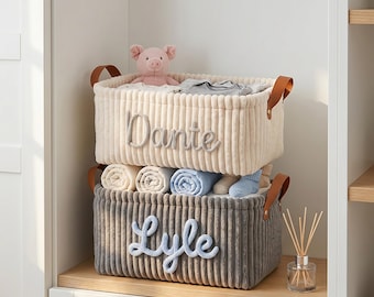Personalized Baby Storage Basket, Nursery Organizer with Leather Handles for Baby Shower and New Mom Gifts