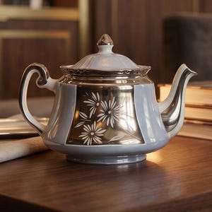 May include: A white ceramic teapot featuring a reflective metallic gold finish on the lid, handle, spout, and a central panel decorated with a white floral daisy pattern. The teapot has a rounded body and a matching lid with a small finial.
