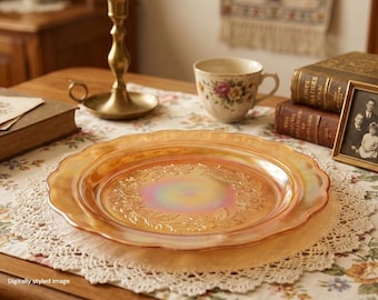 Vintage Marigold Carnival Glass Plate | Embossed Floral Landscape | Scalloped Edge | Grandmacore | Wall Display | Collector
