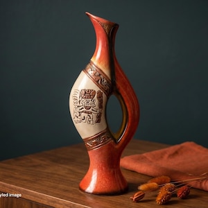 Peruvian Art Pottery Vase | Mayan Glyph Panel | Orange Red Drip Glaze | Sculptural Form | Boho Decor | Folk Art