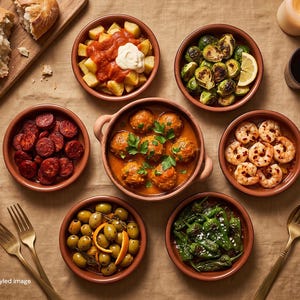 May include: A spread of Spanish tapas in terracotta bowls including patatas bravas with sauce, roasted Brussels sprouts with lemon, sliced chorizo, meatballs in tomato sauce, green olives with orange peel, and padron peppers with gold forks.