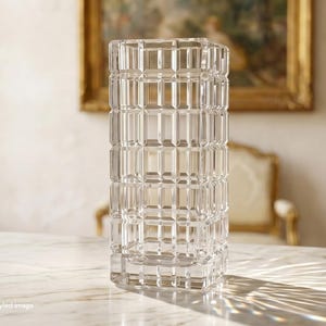 May include: A clear, rectangular glass vase featuring a geometric grid pattern of raised, square-shaped facets across its entire surface. The transparent vessel has a thick base and straight vertical sides, creating a structured, multi-faceted appearance.