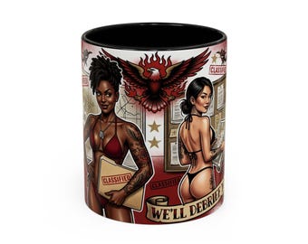 Vintage Military Pinup Mug | We'll Debrief You Accent Mug | Veteran-Owned | Ships from USA | Atlanta GA
