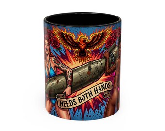 Needs Both Hands Pinup Military Bomb Accent Mug | Veteran-Owned | Ships from USA | Atlanta GA