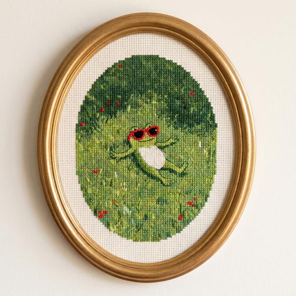 Lazy Frog Cross Stitch Pattern PDF, Frog with Sunglasses Embroidery Design, Cute Animal Needlepoint Chart, Kawaii XStitch Digital Download