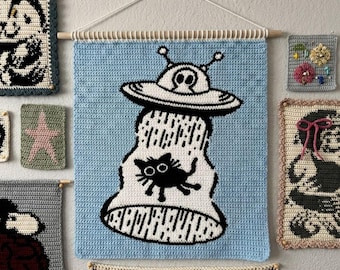 Alien Cat UFO Tapestry Crochet Pattern, Whimsical Wall Hanging Chart (Digital Download)