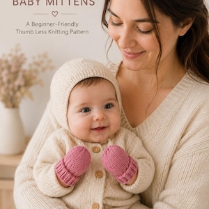 May include: A pair of solid pink knitted baby mittens with ribbed cuffs. The image includes the text: SWEET & SIMPLE BABY MITTENS, A Beginner-Friendly Thumb Less Knitting Pattern. The mittens are worn by an infant in a cream-colored cardigan and bonnet.