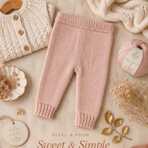 May include: A pair of dusty pink knitted leggings with a ribbed waistband and ribbed cuffs. The leggings are displayed alongside a cream-coloured knitted cardigan with wooden buttons, a ball of pink yarn, and a round tag labelled PIXEL & POSH.