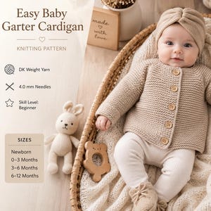 Puede incluir: Un cárdigan de punto para bebé en color beige con botones de madera, combinado con un gorro tipo turbante a juego y leggings color crema. El texto dice Easy Baby Garter Cardigan, Knitting Pattern, DK Weight Yarn, 4.0 mm Needles, Skill Level: Beginner, Sizes.