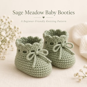 Puede incluir: Un par de patucos de bebé tejidos a ganchillo en color verde salvia con un borde superior festoneado, una fila de ojales decorativos y un lazo. El texto superior dice Sage Meadow Baby Booties y A Beginner-Friendly Knitting Pattern.
