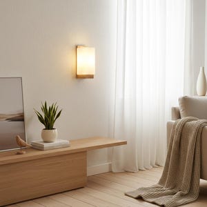 Frosted Glass Wall Sconce | Natural Wood Accent Light | Modern Minimalist Lighting image 3