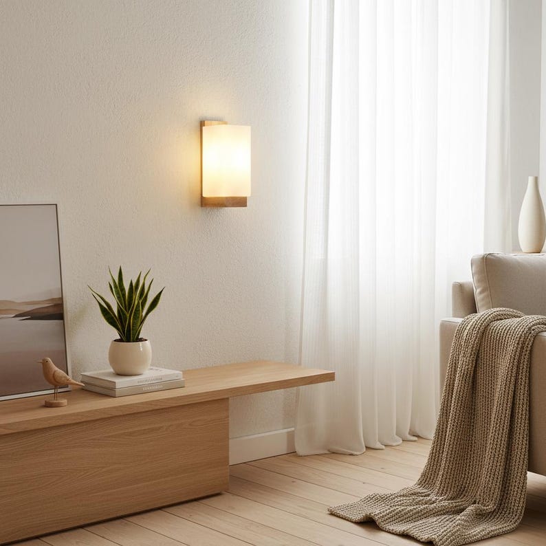 Frosted Glass Wall Sconce | Natural Wood Accent Light | Modern Minimalist Lighting image 3