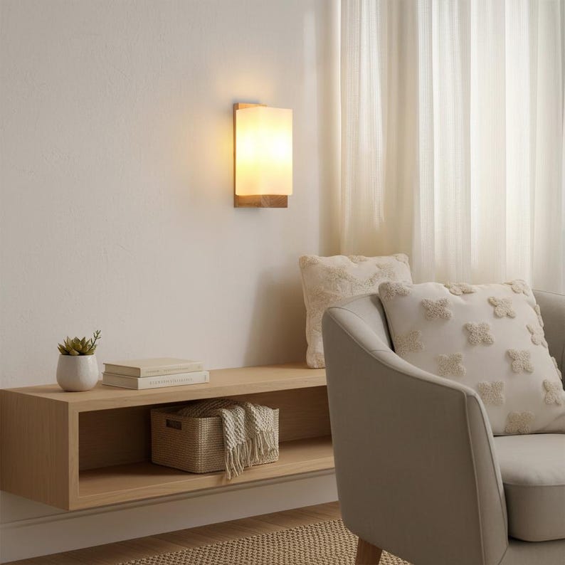 Frosted Glass Wall Sconce | Natural Wood Accent Light | Modern Minimalist Lighting image 5