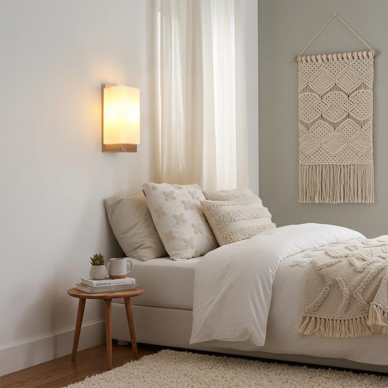 Frosted Glass Wall Sconce | Natural Wood Accent Light | Modern Minimalist Lighting image 8