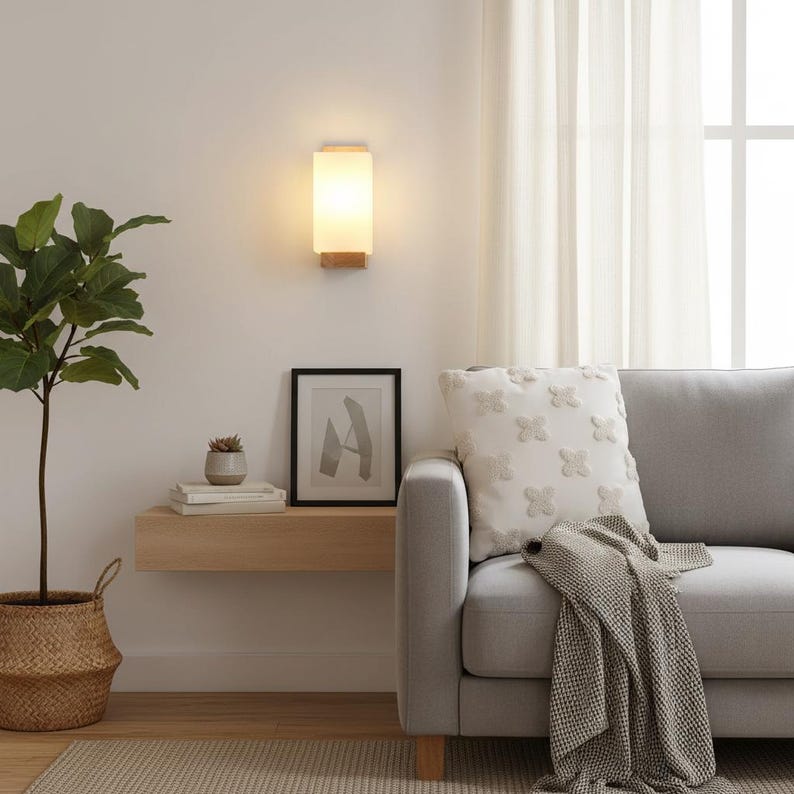 Frosted Glass Wall Sconce | Natural Wood Accent Light | Modern Minimalist Lighting image 7