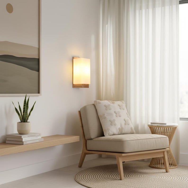 Frosted Glass Wall Sconce | Natural Wood Accent Light | Modern Minimalist Lighting image 2