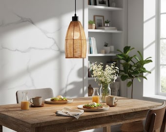 Lampada a sospensione in rattan intrecciato / Lampada a sospensione in stile boho / Plafoniera in fibra naturale