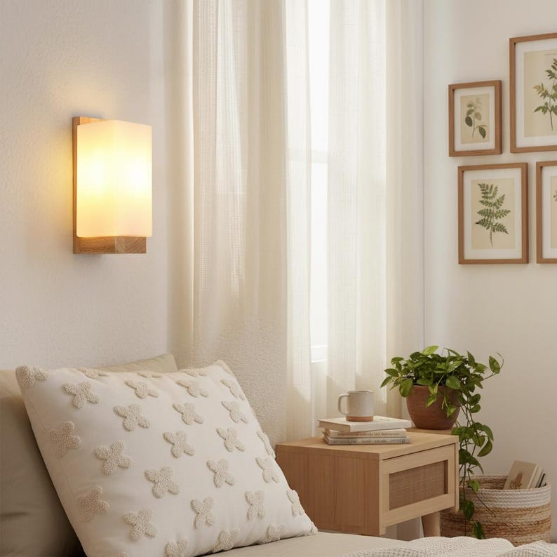 Frosted Glass Wall Sconce | Natural Wood Accent Light | Modern Minimalist Lighting image 1