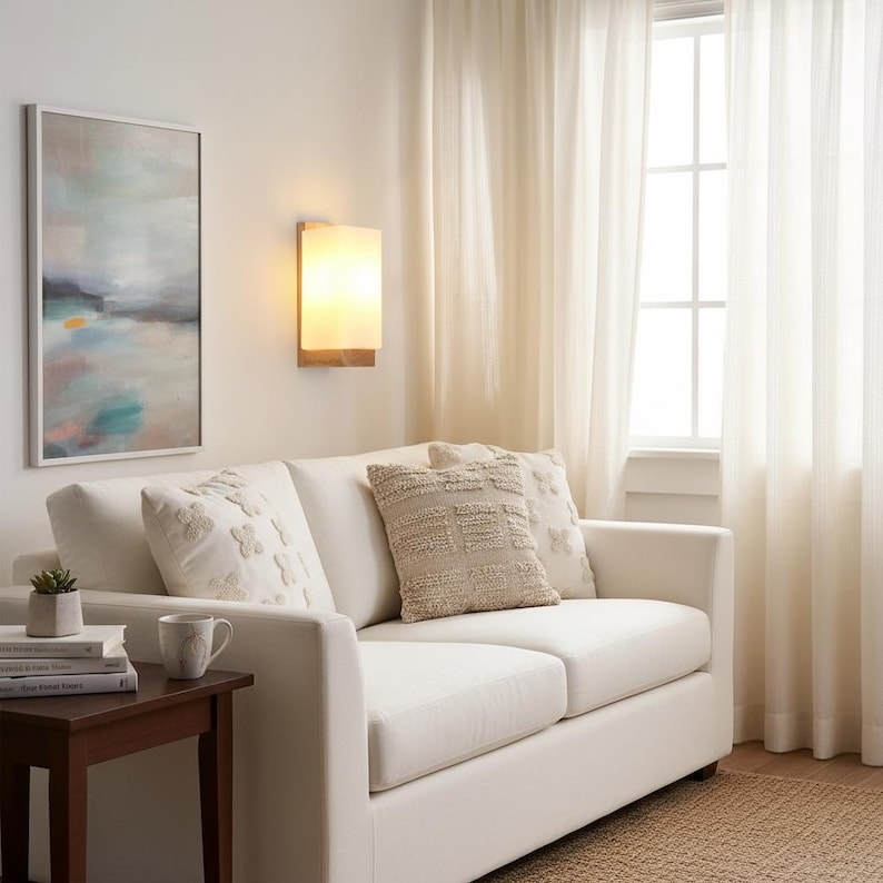 Frosted Glass Wall Sconce | Natural Wood Accent Light | Modern Minimalist Lighting image 4
