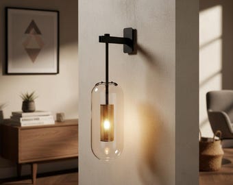 Applique murale en verre et bois | Luminaire minimaliste moderne | Lampe d'appoint en métal noir