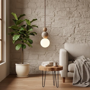Stacked Wood Bead Pendant | Modern Orb Glass Ceiling Light | Minimalist Japandi Hanging Lamp