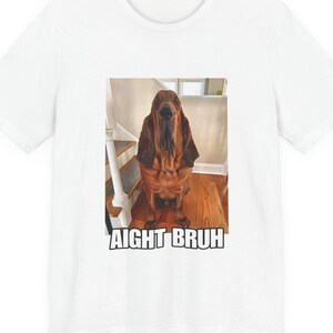 May include: A white short-sleeved t-shirt featuring a rectangular graphic print of a brown bloodhound dog sitting on wooden stairs. Below the dog, the text AIGHT BRUH is printed in bold white capital letters with a thick black outline.