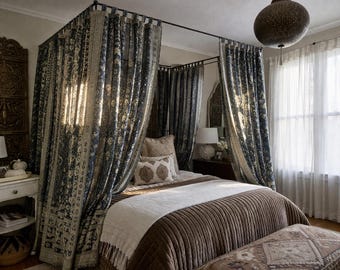 Sheer Canopy Drapes for Four Poster Bed - Luxury Sari Curtain Panels Set - Soft Light Filtering Bed Canopy - Black Sari