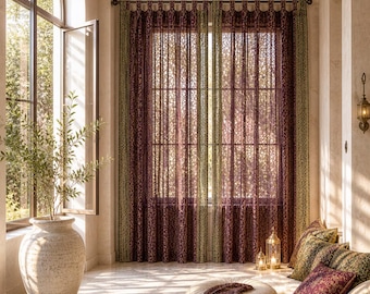 Plum/Sage Sari Curtains 84"/96"L Boho Curtains BoHoEARTH Collection Light-Filtering Window Treatment For Living/Bedroom