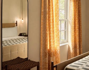 Amber Gold Sari Curtains, Block Print Sheer Drapes, Boho Window Treatment