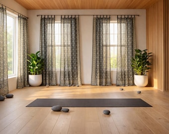 Yoga Studio Curtains Light Filtering Panels, Black Sari Curtains, Meditation Room Drapes, Sheer Boho Window Curtains