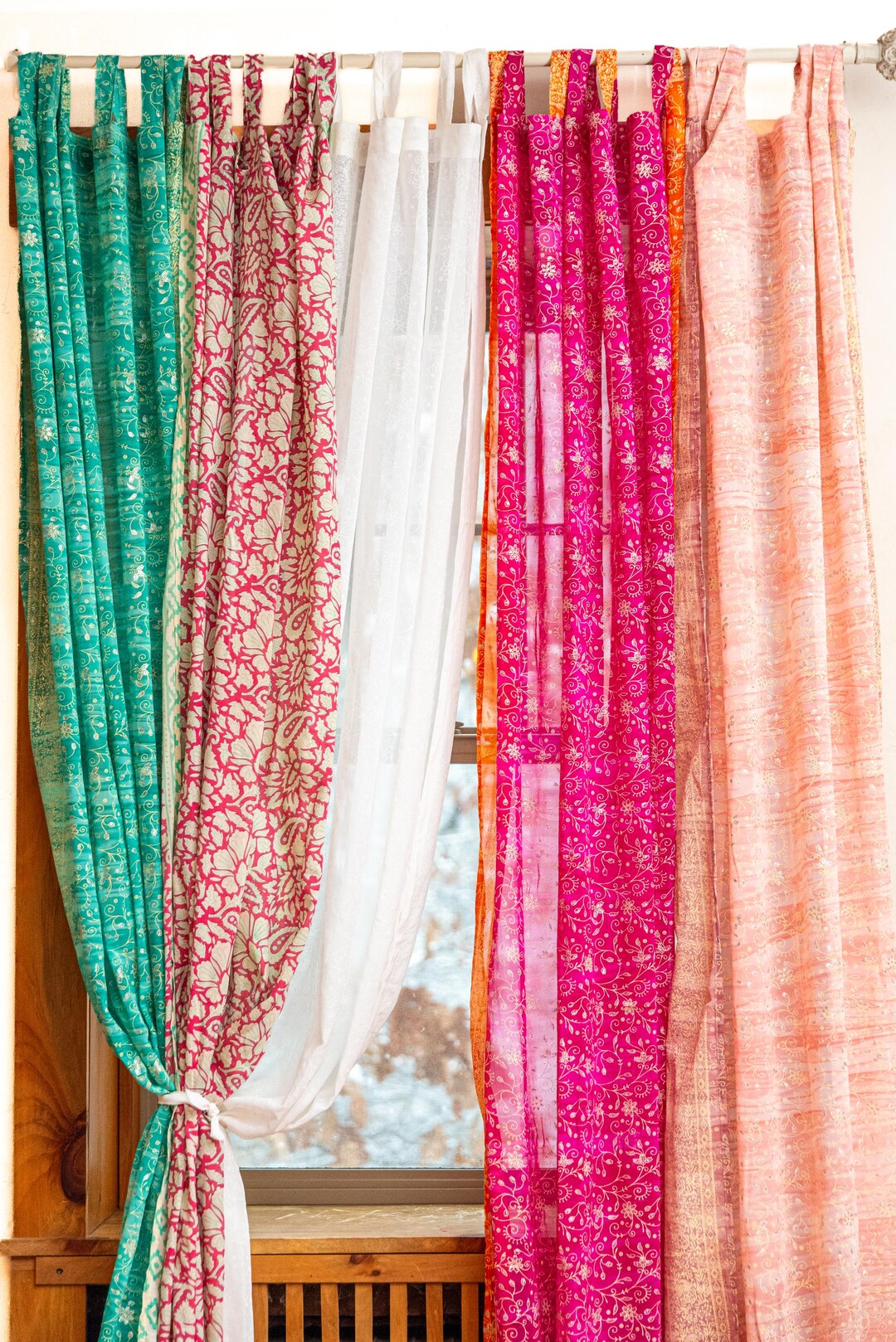 Boho Sari Block Print Curtains | Asymmetric Mixed Textile Window ...