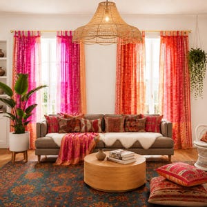 Peut inclure: Un salon avec un canapé gris agrémenté de coussins à motifs, une table basse ronde en bois et des rideaux rose et orange vifs. Une suspension en osier est suspendue au-dessus, et un tapis bleu foncé à motifs recouvre le sol.